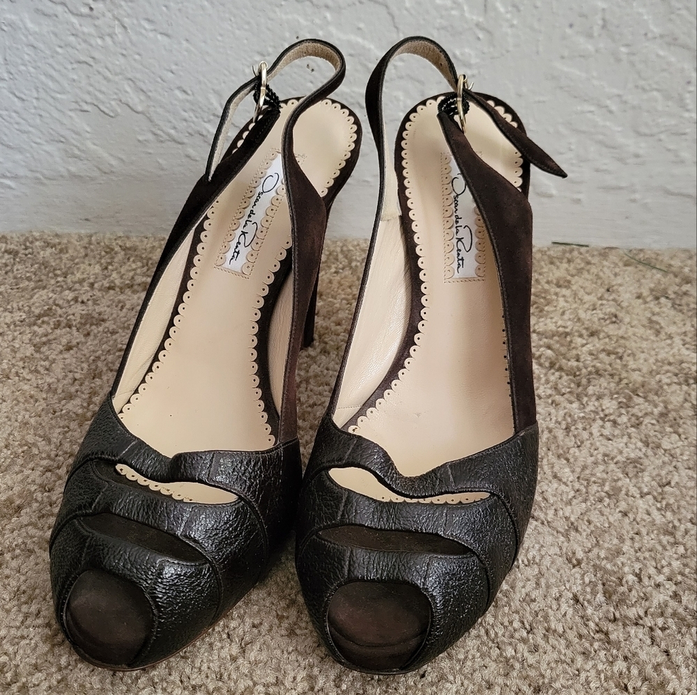 Oscar de la Renta Brown Suede and Leather Slingback Size 38